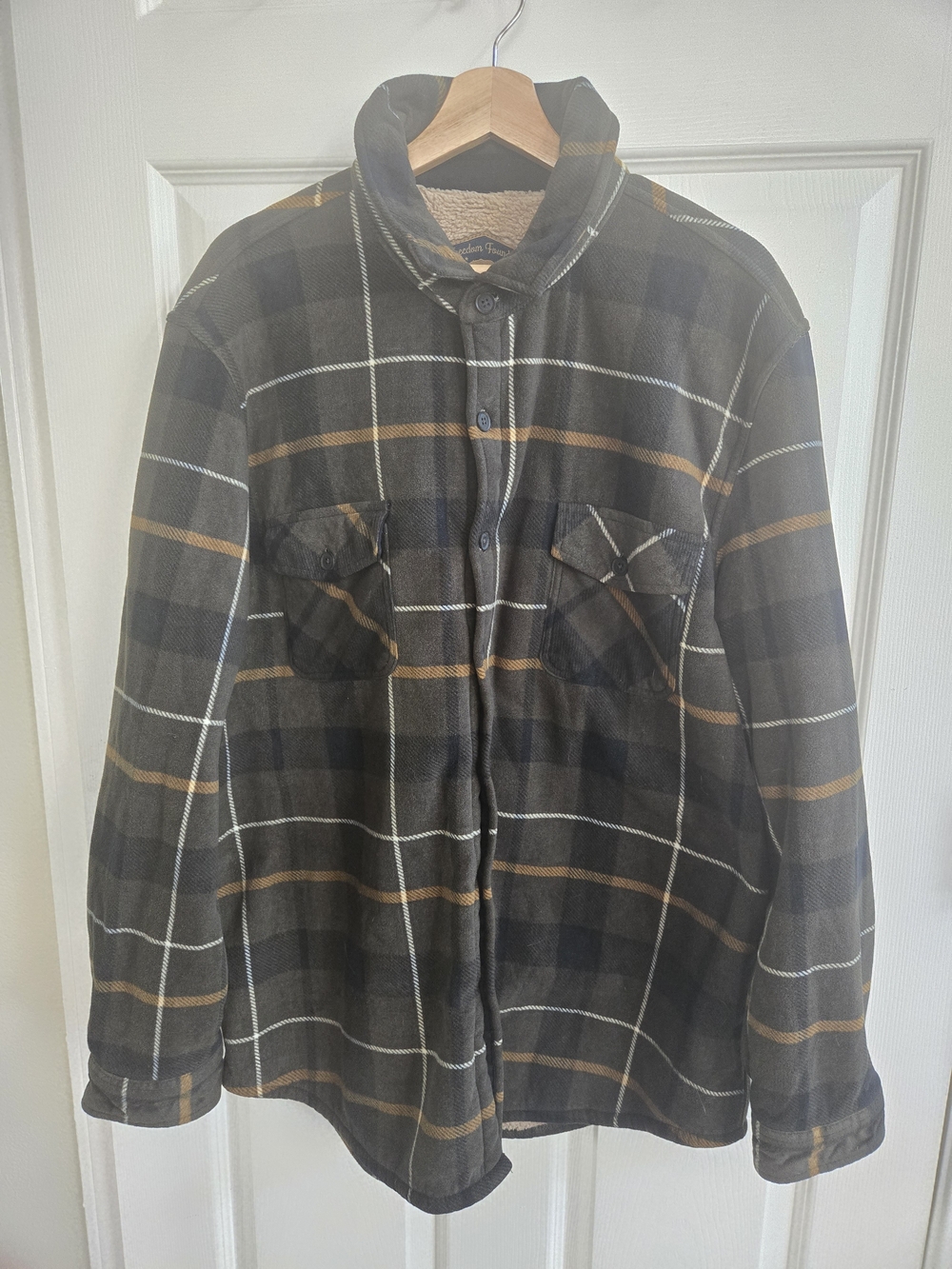 Men's Olive Multi Plaid Button-Up Sherpa Insulated Shirt Jacket
